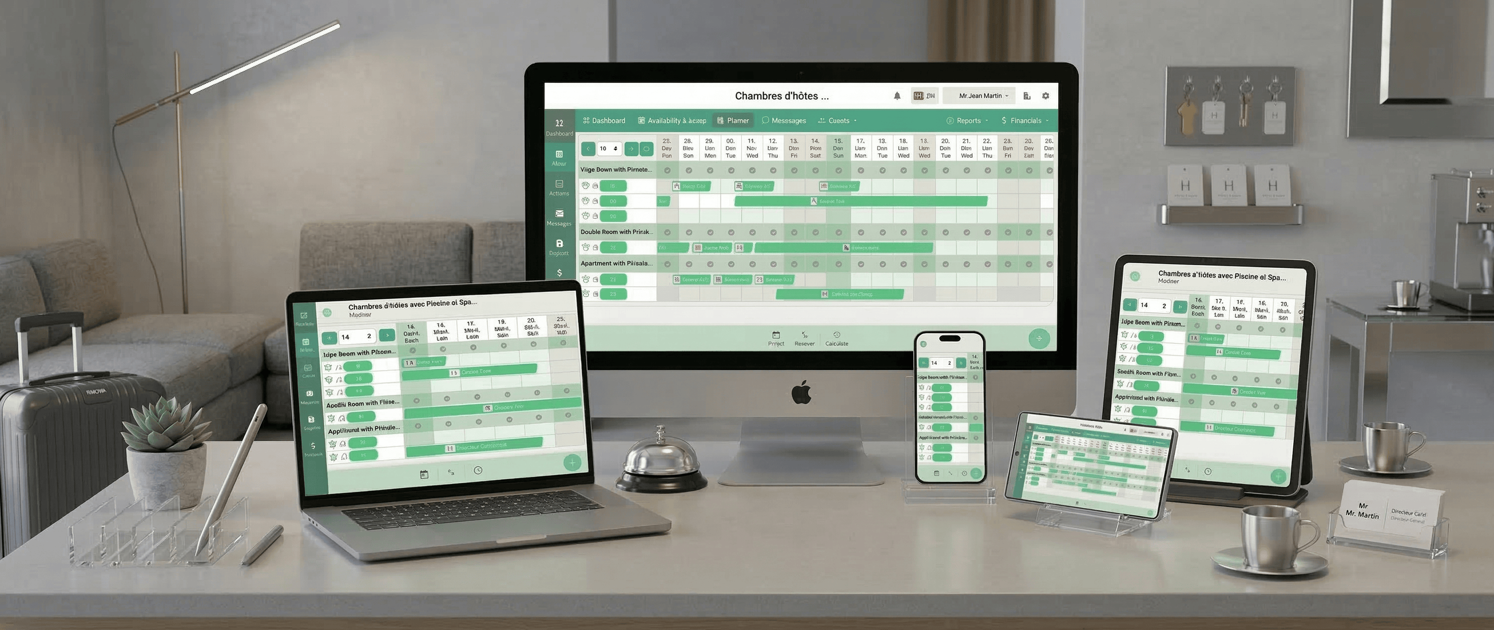 Hoteliera planner view showing room reservations across multiple devices