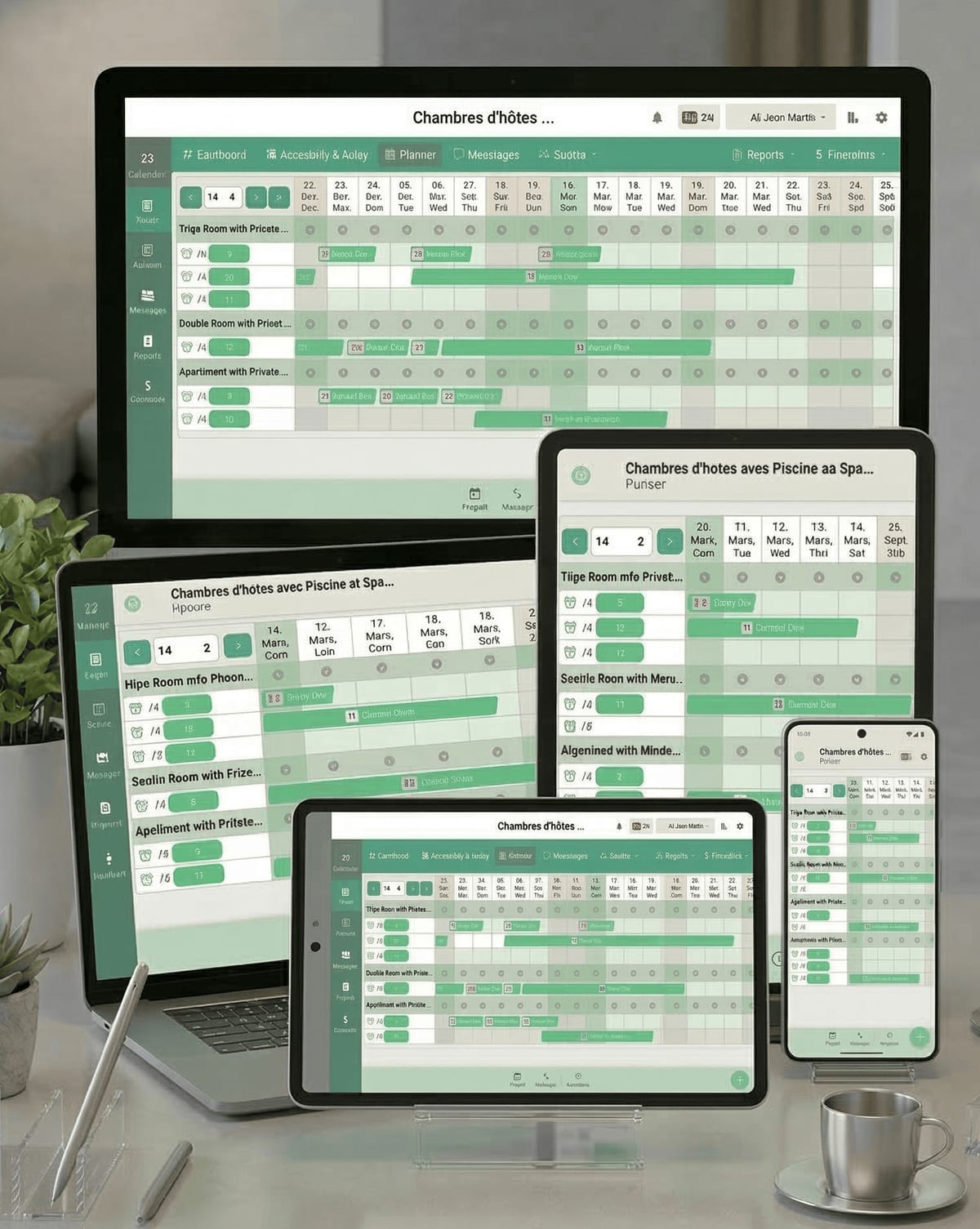 Hoteliera planner view showing room reservations across multiple devices