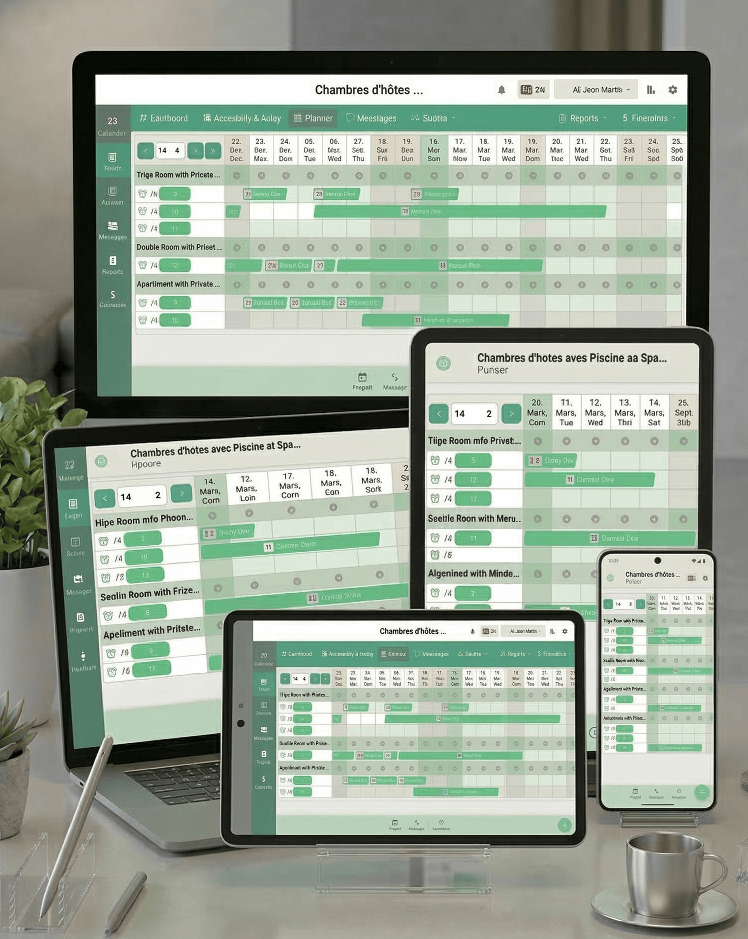 Hoteliera planner view showing room reservations across multiple devices
